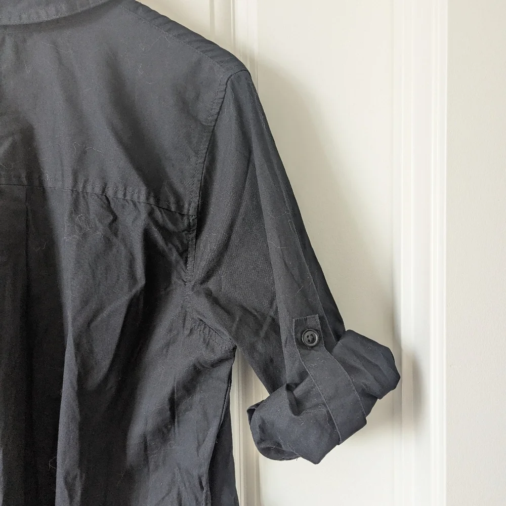 Classic Black Cotton Button-Front Shirt Dress with Belt, Pockets 3/4 Sleeves LG - Picture 11 of 12